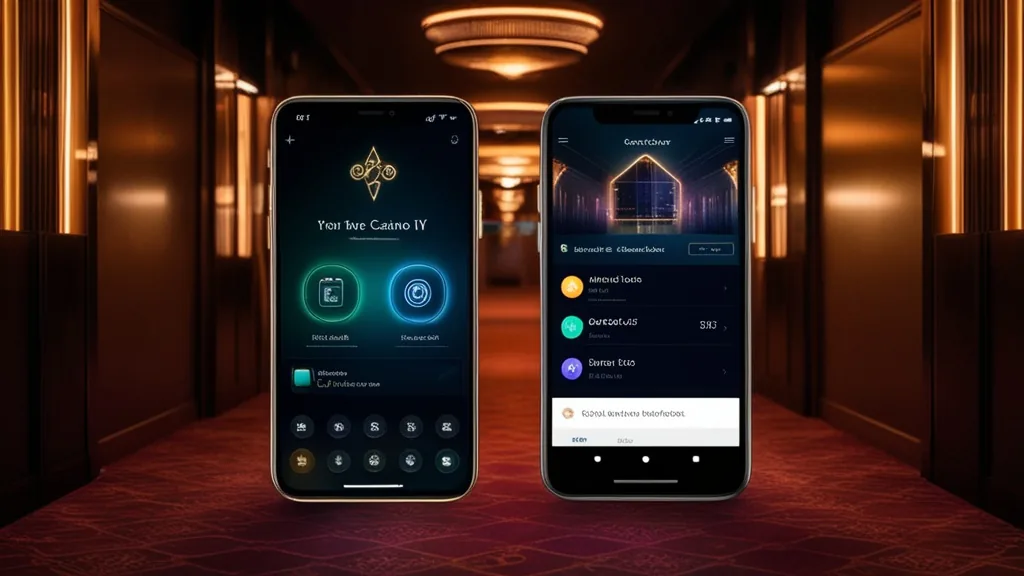 Due smartphone con interfacce iOS e Android in ambientazione casinò