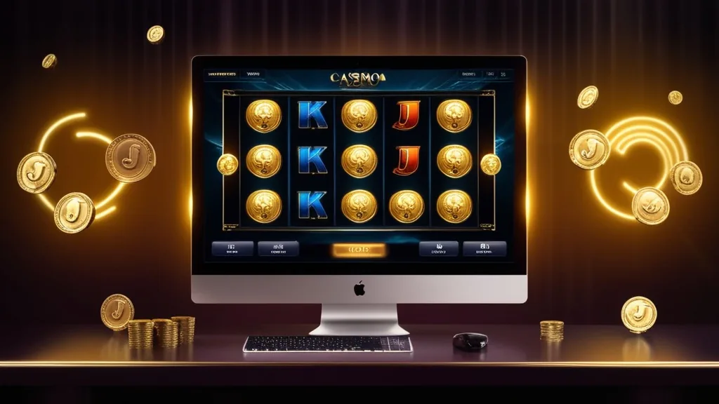 Schermo con la demo della slot Royal Joker e rulli illuminati in un ambiente da casinò