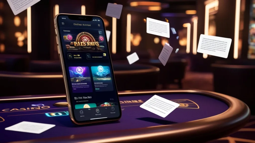 Smartphone con interfaccia dell’app e ambientazione da casinò scura